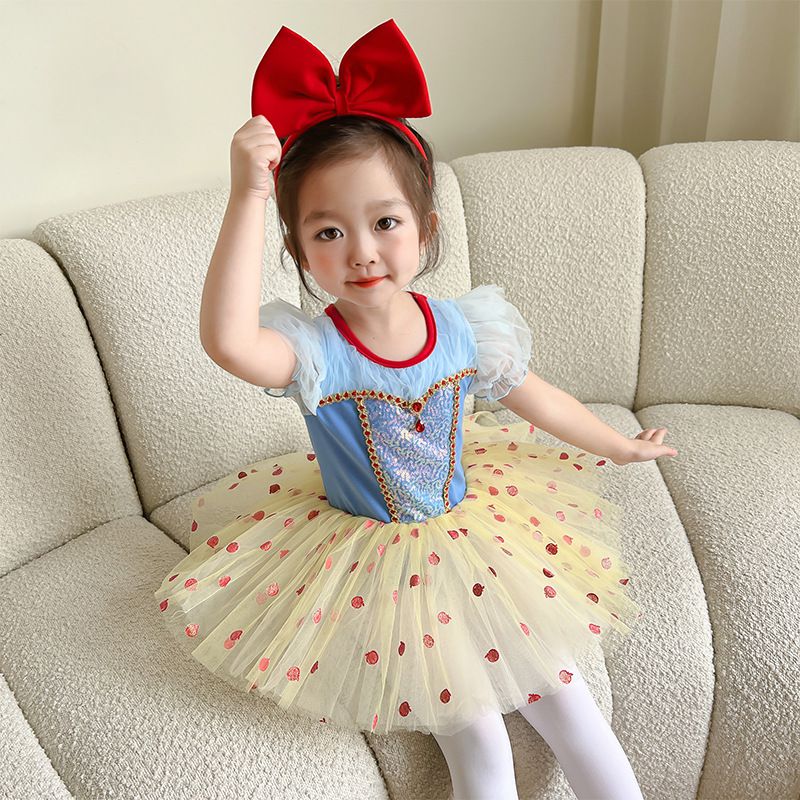 短袖造型公主裙/芭蕾舞裙-圓點寶石-藍+奶油黃