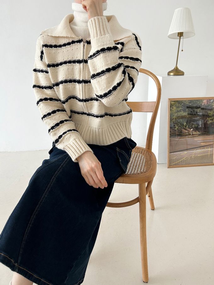 韓國女裝連線 - 勾線條紋針織翻領外套-黑底X米白 (FREE)