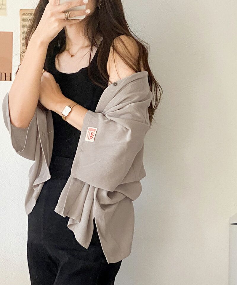 日本 Classical Elf - 楊柳皺縮微透膚短袖襯衫/薄外套-沙杏