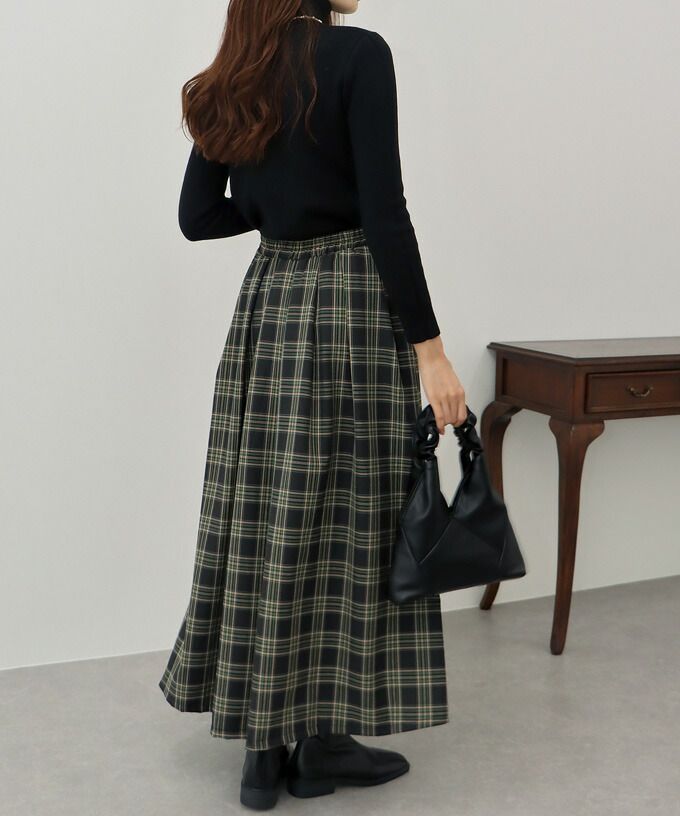 日本 BLUE EAST - 文藝細緻格紋顯瘦長裙-綠黃黑