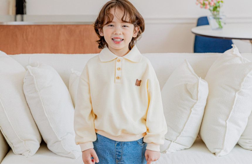 韓國 Bebezoo - 小狐狸裝飾翻領長袖上衣-奶油白