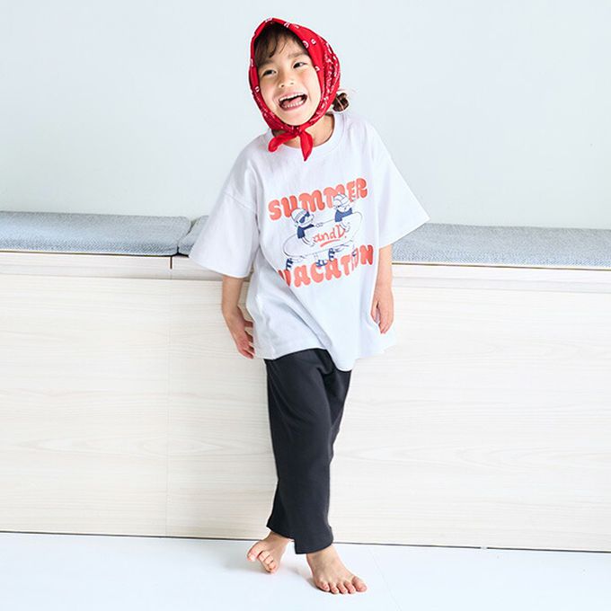 日本 petit main - 100%棉 夏季感印花短袖上衣-綠洲-亮黃