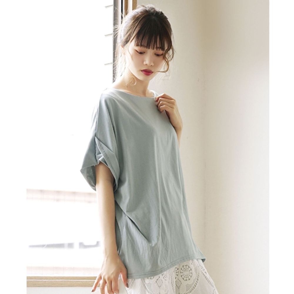 日本 zootie - Design+ 顯瘦剪裁反折五分袖上衣-水藍