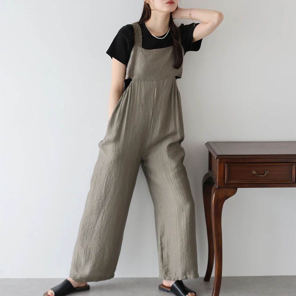 夏季清爽質感側腰鏤空連身褲-軍綠 (M)