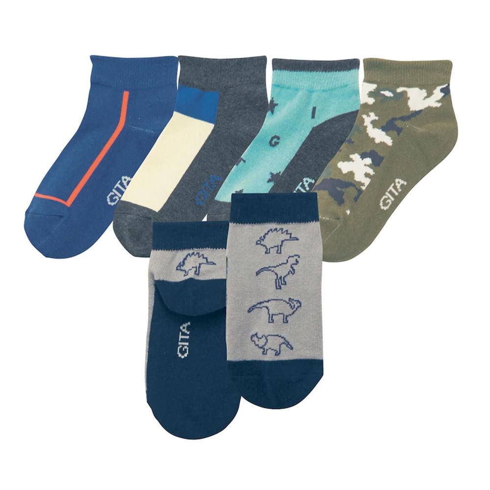 日本千趣會 - GITA 超值短筒襪五件組(鞋底深色設計)-英文迷彩恐龍-藍綠灰