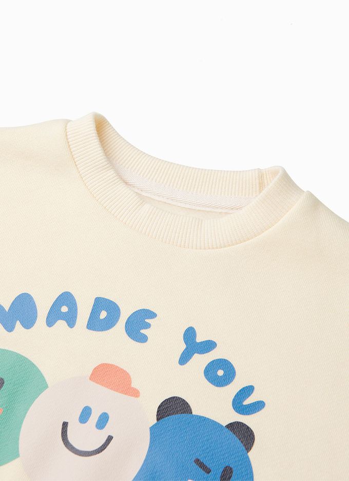 韓國 OZKIZ - 調皮微笑豆豆內磨毛長袖套裝-米白X杏灰