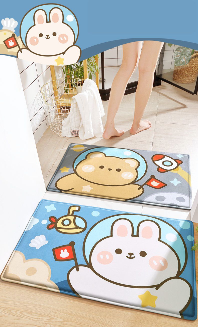 快速吸水法蘭絨浴室腳踏墊-萌萌獅子-藍色