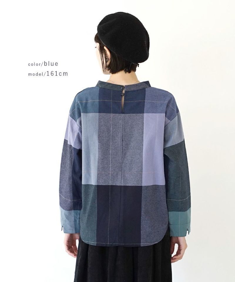 日本 zootie - 立領格紋拼接長袖上衣-藍