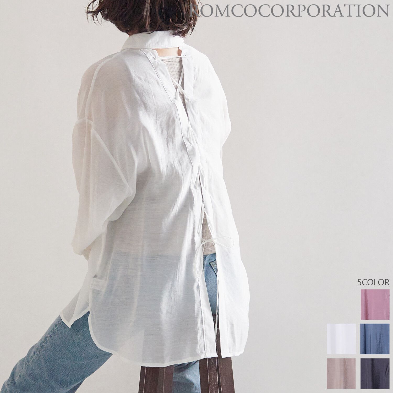 日本女裝代購 - 蝴蝶結綁帶露背薄透長袖襯衫-象牙白