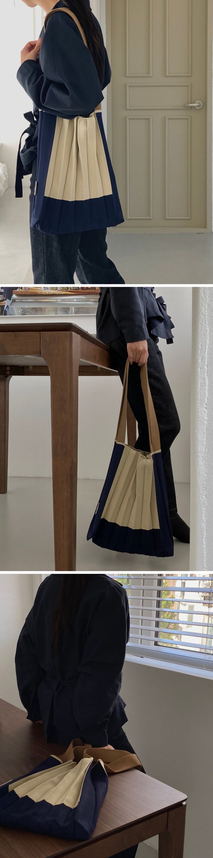 韓國 SOPHIENBONNE - 配色彈性針織褶手提/肩背包-深藍X米 (M)