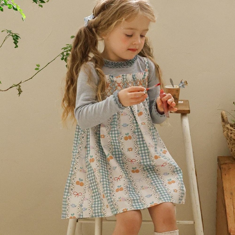 Puellaflo 花漾莓果格紋細印細肩洋裝-水藍