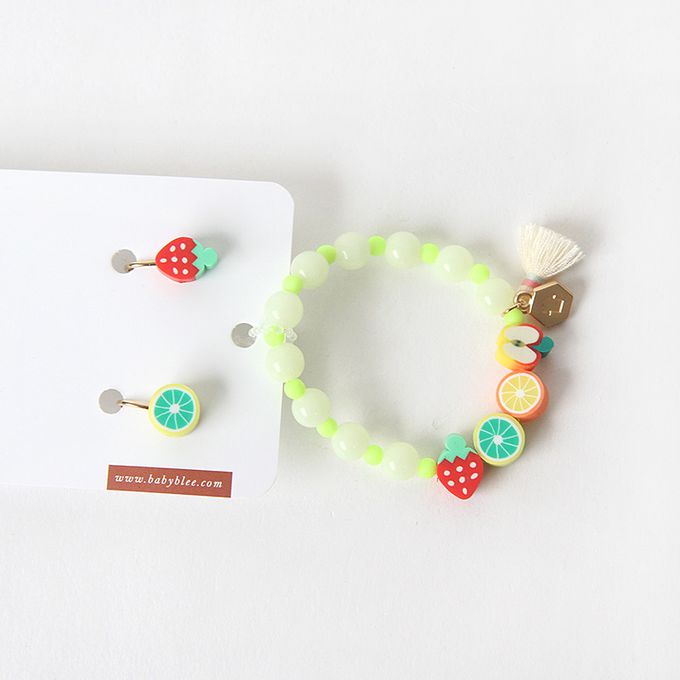 韓國 Babyblee - 水果派對飾品禮物組-草莓X橘子-桃粉-手鏈X1+耳環1對