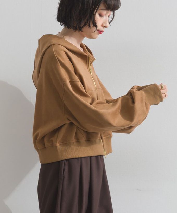 日本 ELENCARE DUE - 輕盈絨皮感雙拉鏈短版連帽外套-炭灰