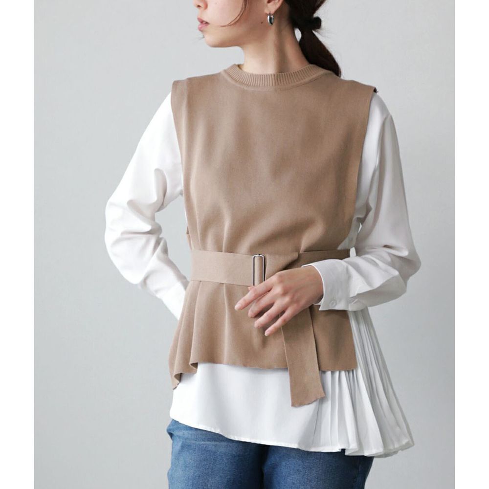 日本 Bou Jeloud - 顯瘦針織背心X不規則百褶衣襬白襯衫兩件套裝-杏