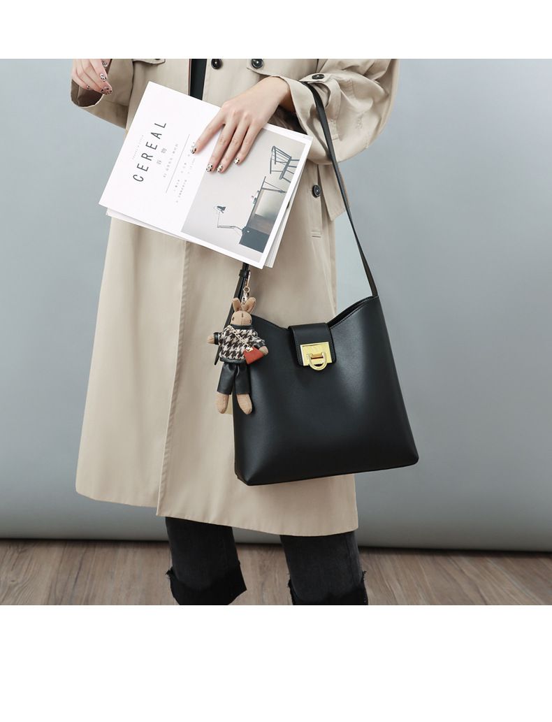 真皮時尚水桶包/單肩斜背包-棕色 (27.5x22.5x10.5cm)