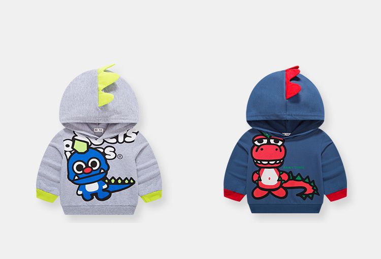 純棉立體連帽長袖上衣/帽T-傻傻恐龍-藍色