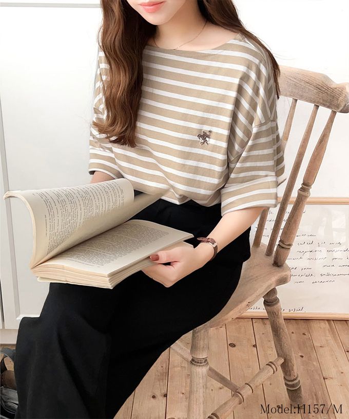 日本 Classical Elf - 混有機棉休閒條紋五分袖上衣-白x黑