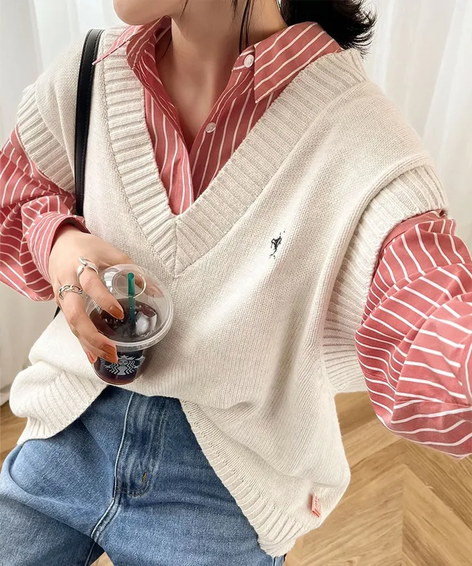 日本 Classical Elf - 胸前刺繡直條紋率性長袖襯衫-深灰