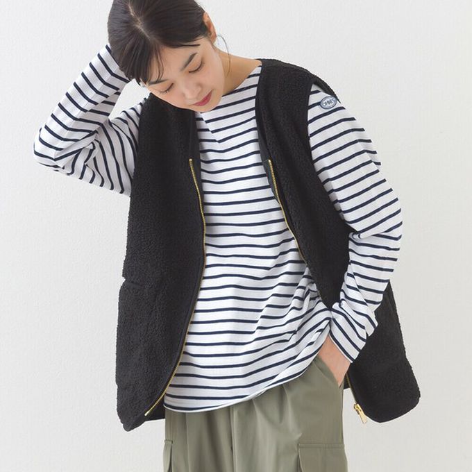 日本 OMNES - [必收款]100%棉 條紋船領長袖上衣-棕x海軍藍