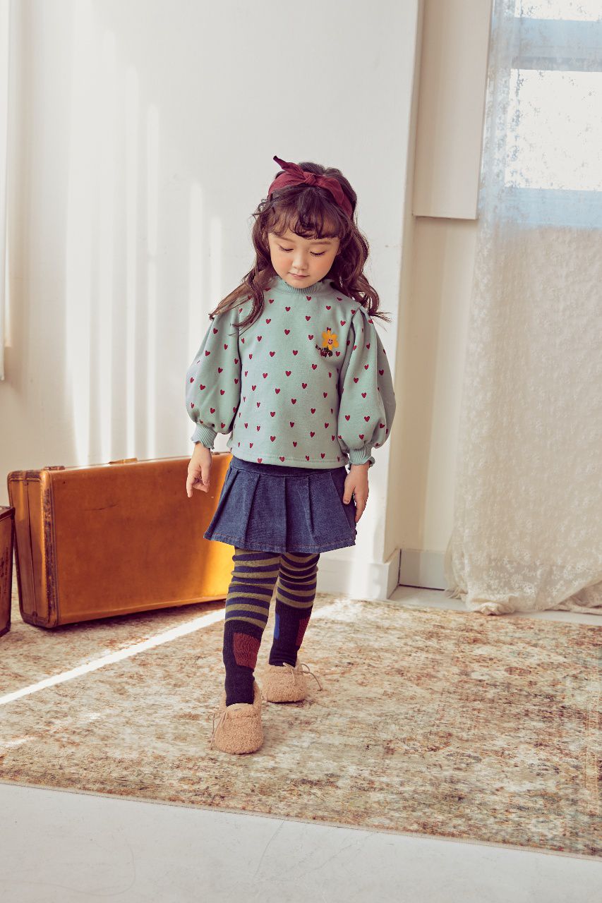 韓國 Mimico - (裏起毛)微笑花朵愛心泡泡袖T-薄荷綠