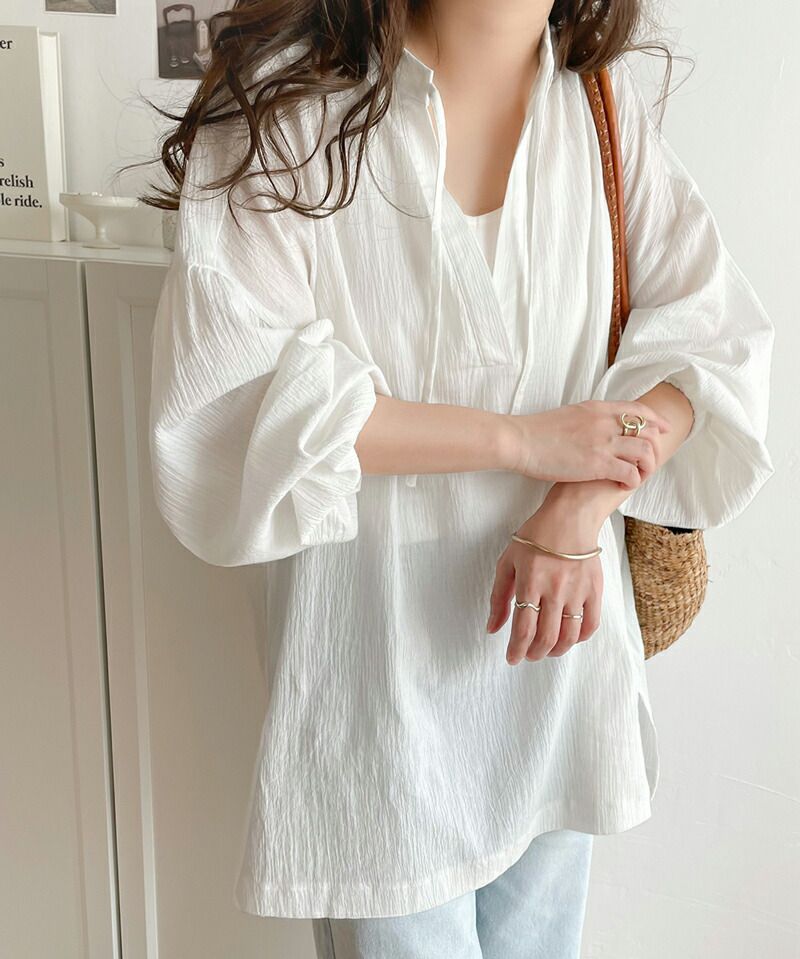 日本 Classical Elf - 溫柔感楊柳細摺綁帶長袖上衣-淺灰棕