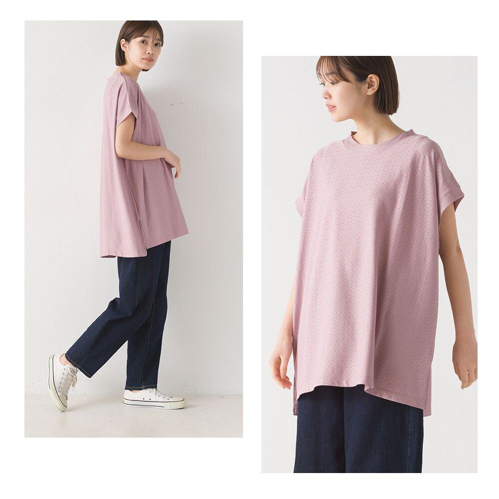 日本 OMNES - 低調蕾絲落肩長版短袖上衣-淺粉紫