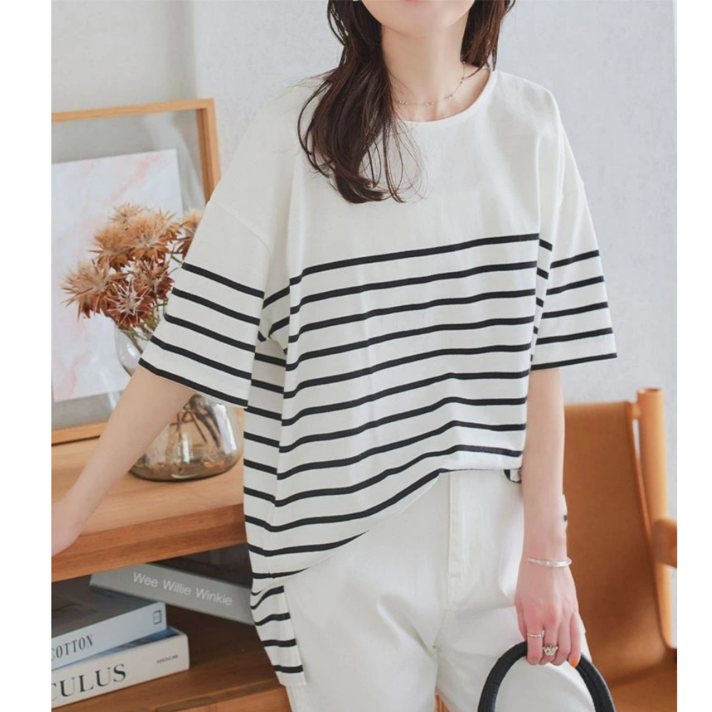 100%棉船領優雅條紋短袖上衣-白x黑線條
