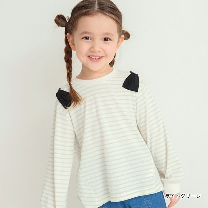 日本 BRANSHES - 可愛肩帶造型舒適長袖上衣-黑蝴蝶結-黑白條紋