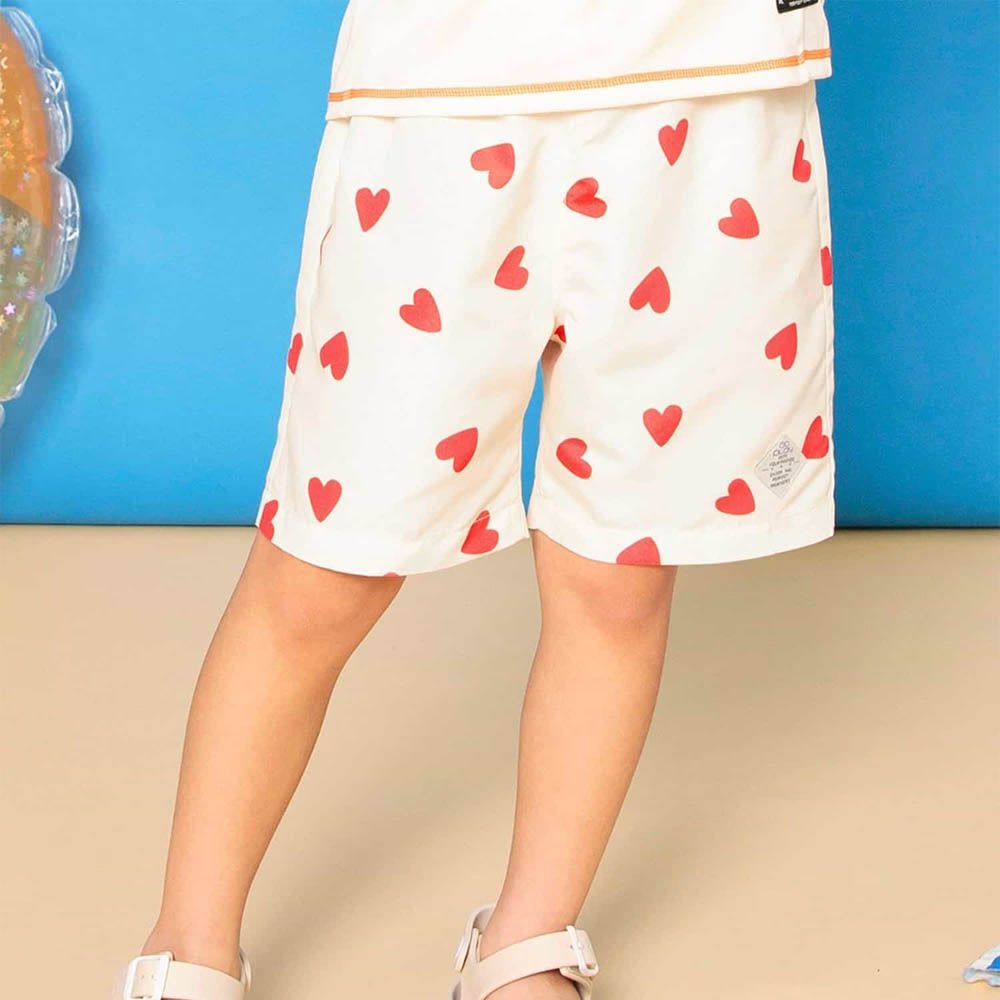 抗UV 繽紛印花沙灘褲/泳褲(含內褲）-愛心-紅x白