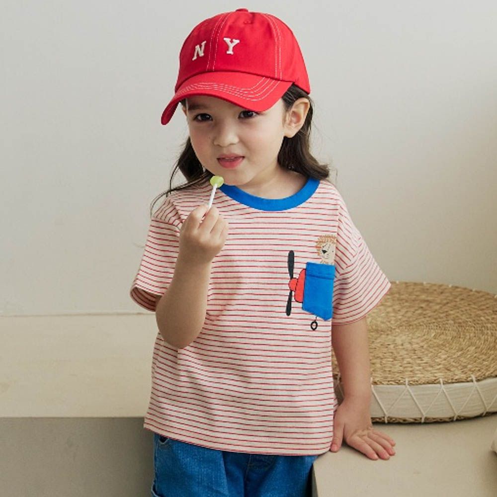 飛行獅子條紋短袖上衣-紅X寶藍