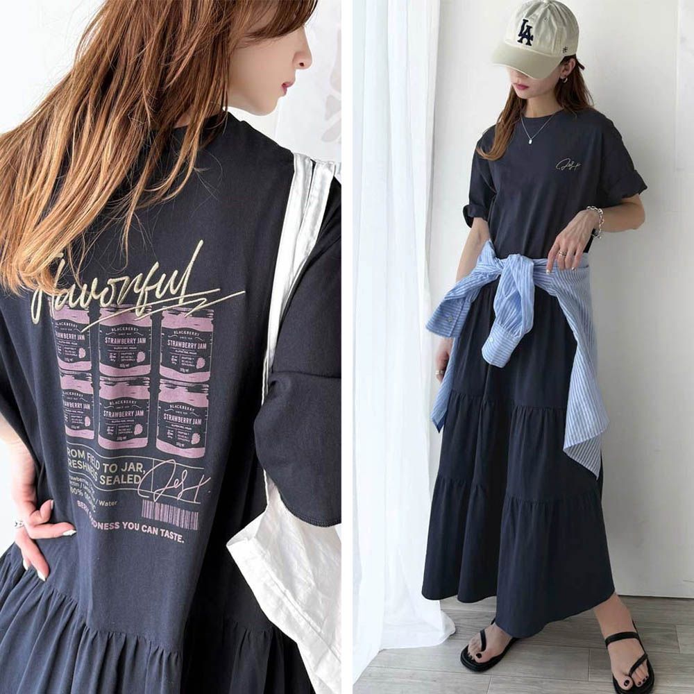 背後美式印花休閒廓形短袖洋裝-海軍藍