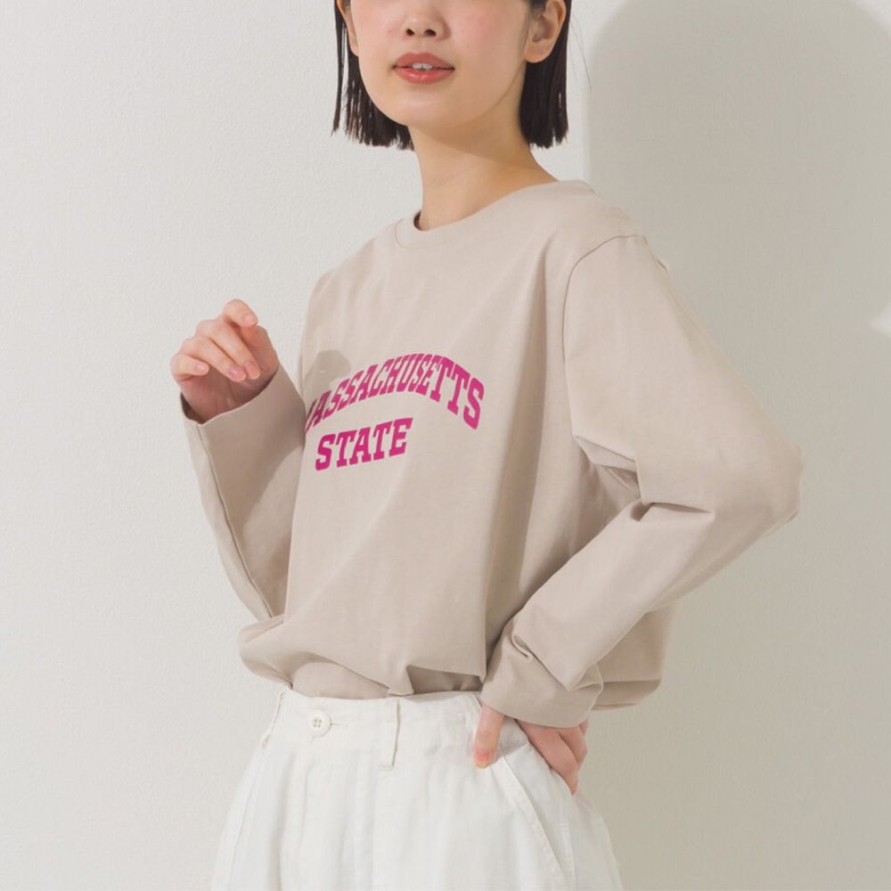 100%棉 簡約英文標語長袖上衣-卡其米