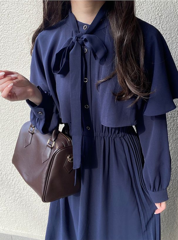 日本 GRL - 法式復古斗篷領收腰長袖洋裝-海軍藍