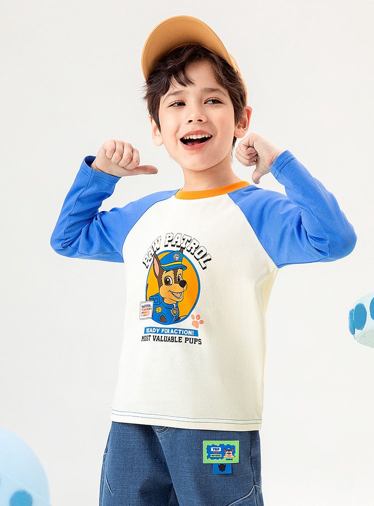 卡通汪汪隊棉質拼色圓領長袖上衣-卡通人物小礫-黃+白