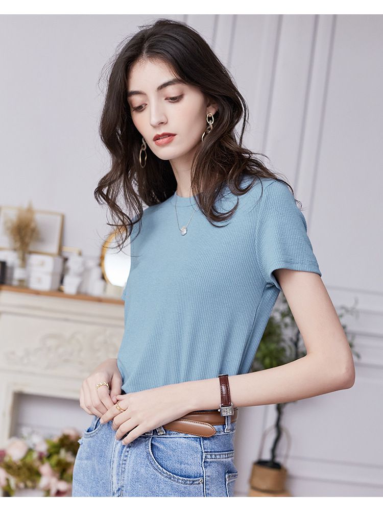 慵懶格調圓領短袖上衣-淺紫色 (M)