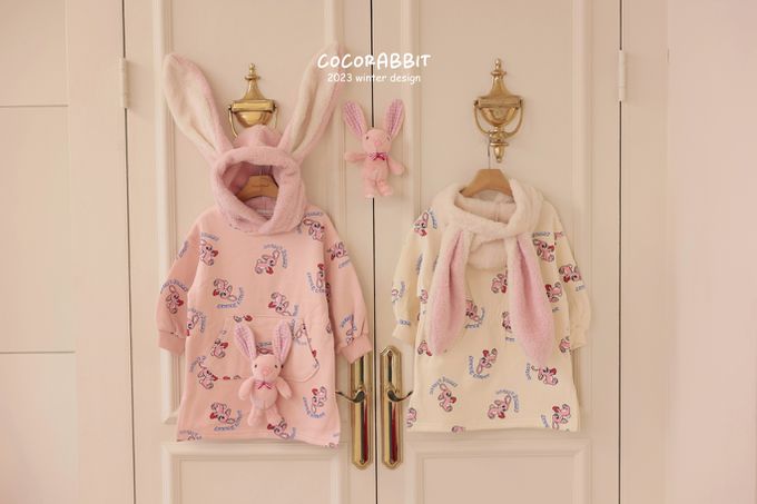 韓國 Coco rabbit - (內磨毛)滿版兔兔毛絨耳朵連身洋裝-粉