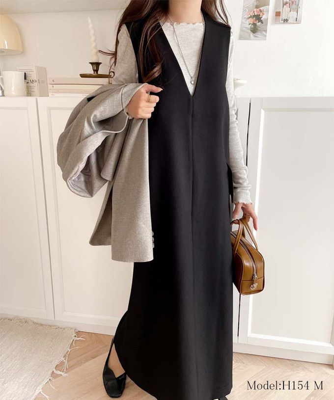 日本 Classical Elf - 簡約深V領氣質線條背心裙-炭灰