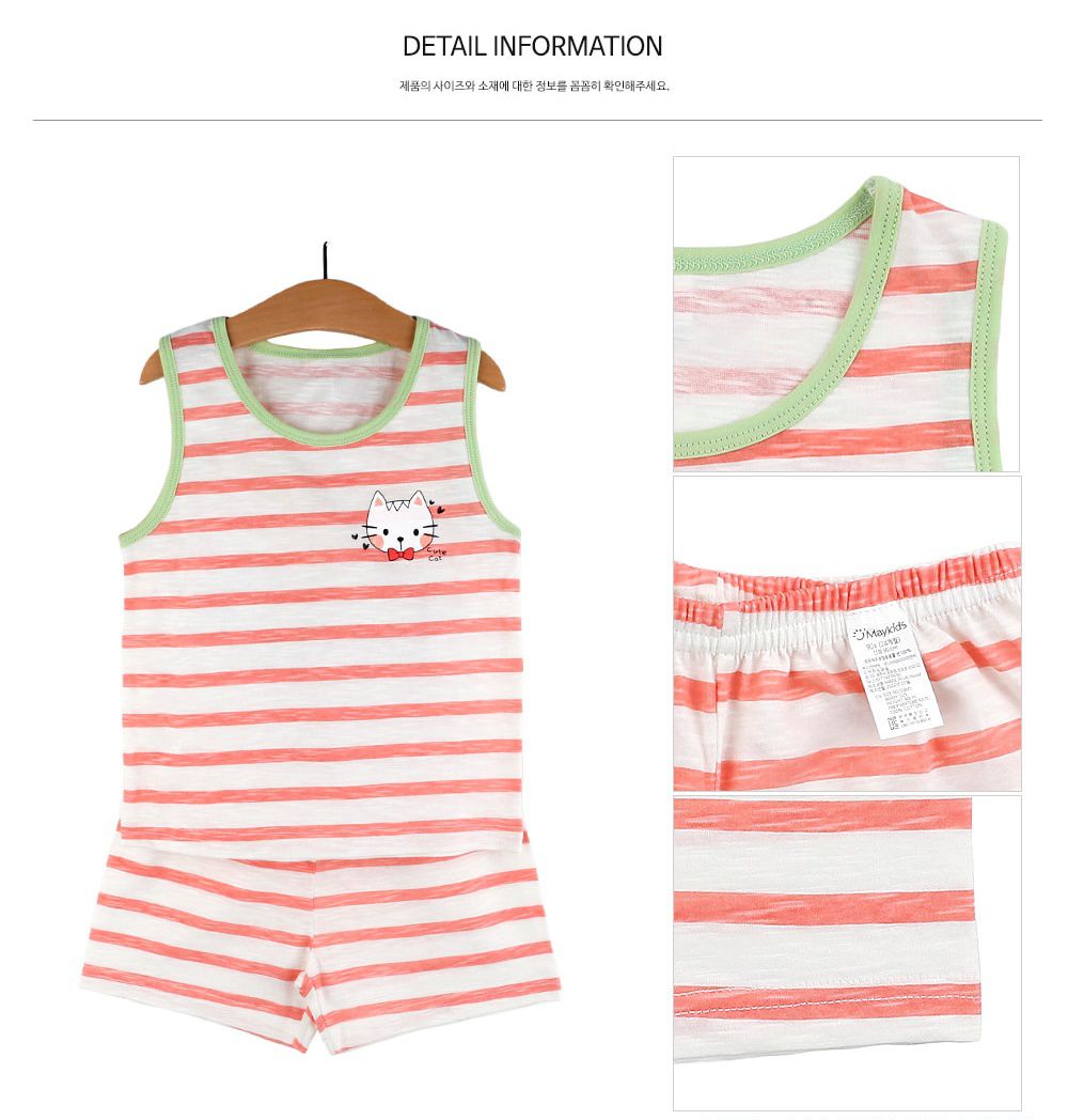 韓國 Maykids - 有機棉細柔無袖家居服-條紋小貓