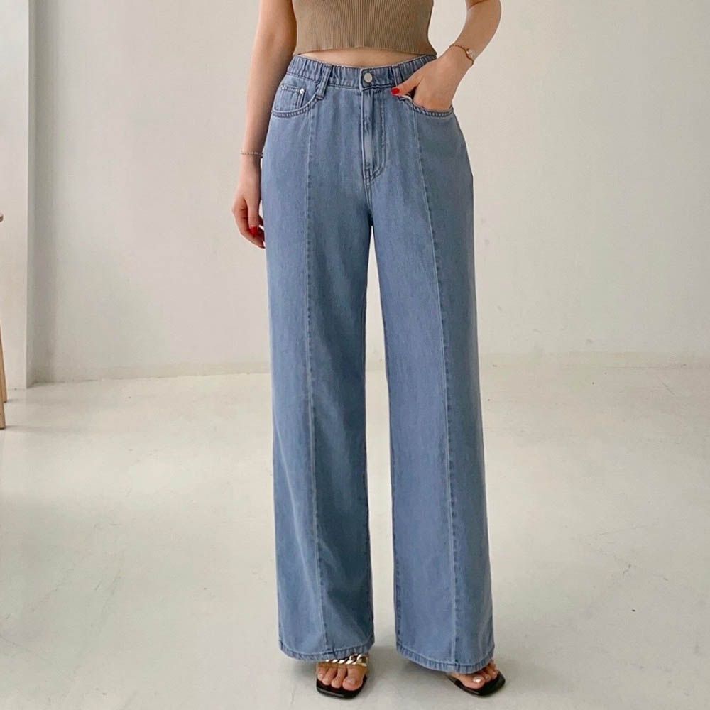 彈性腰輕透萊賽爾纖維丹寧寬褲-中青