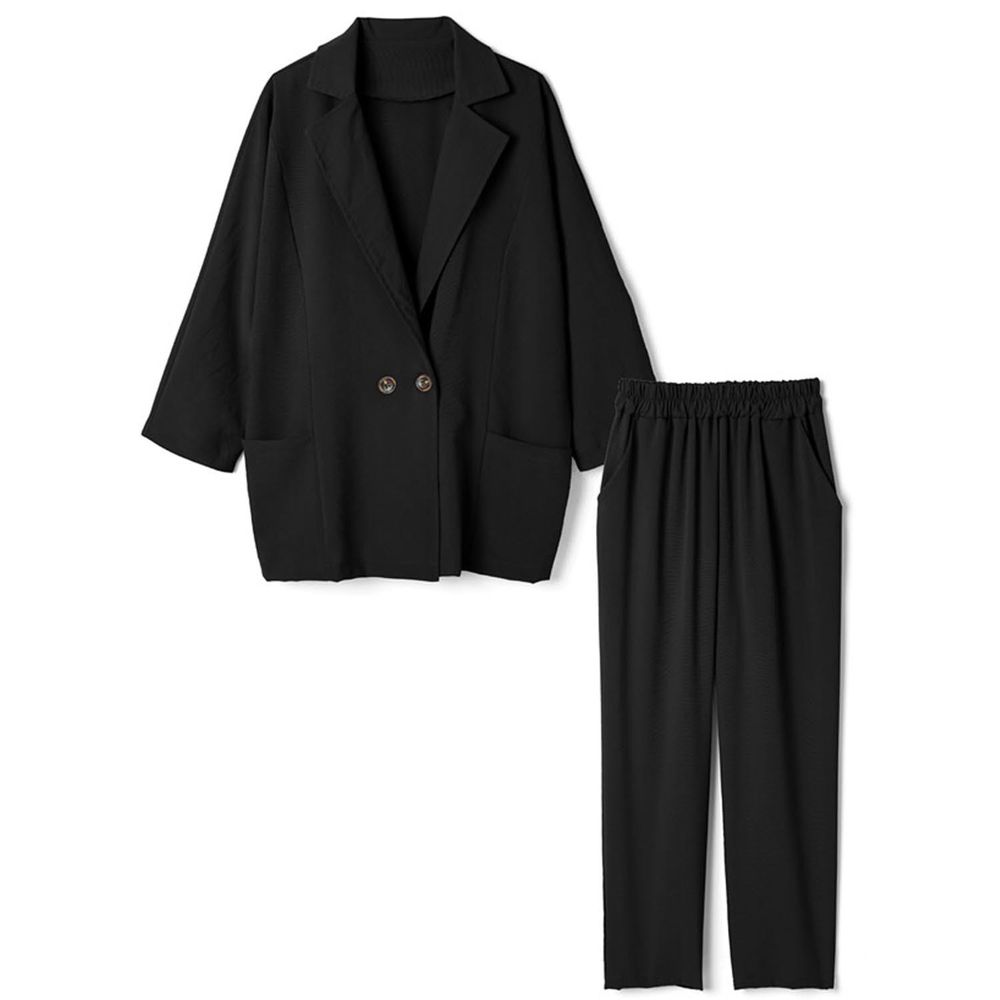 日本 GRL - 純棉西裝外套x簡約長褲兩件組-黑