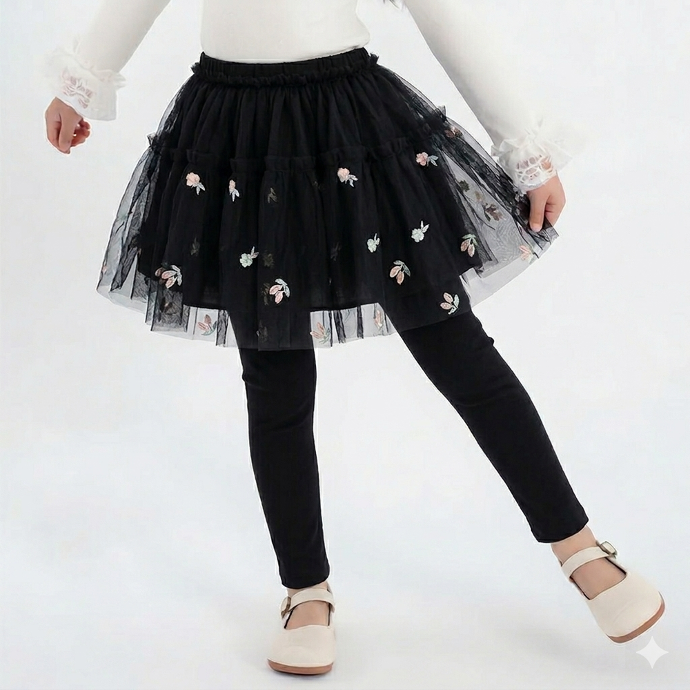 紗裙內搭褲-花朵刺繡-黑色