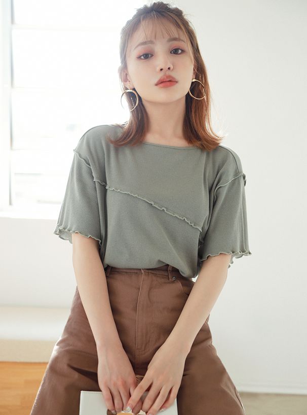 日本 GRL - 羅紋木耳邊短袖上衣-氣質杏