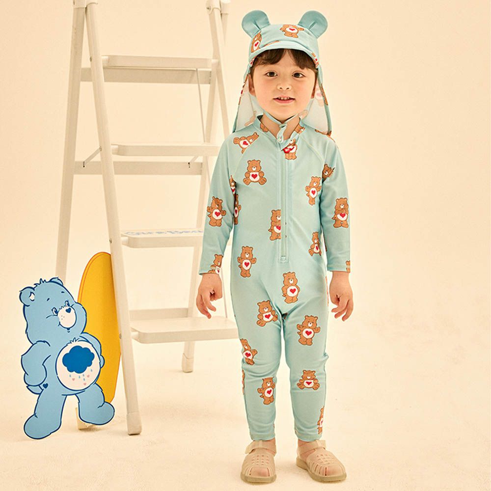 UPF 50+連身式長袖泳裝(附遮脖泳帽)-卡通人物彩虹熊-薄荷藍