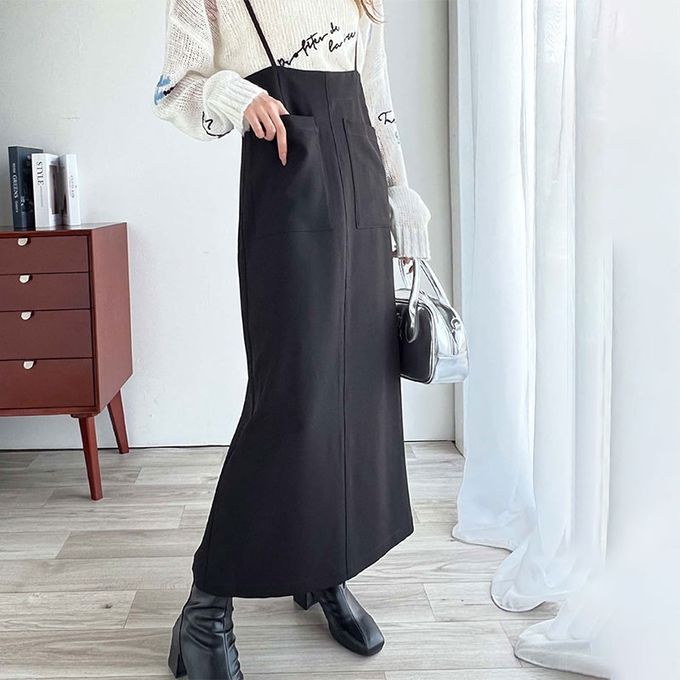 日本 Classical Elf - 前後2WAY簡約大口袋開叉吊帶裙-卡其