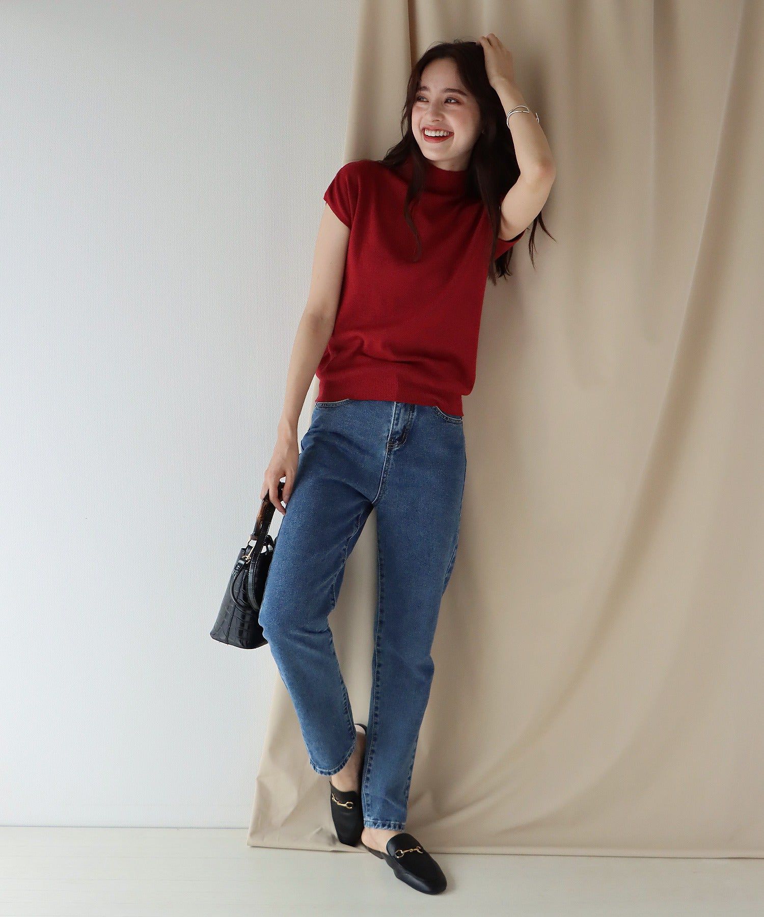 日本 BLUE EAST - 小立領法式袖薄針織上衣-橄欖綠