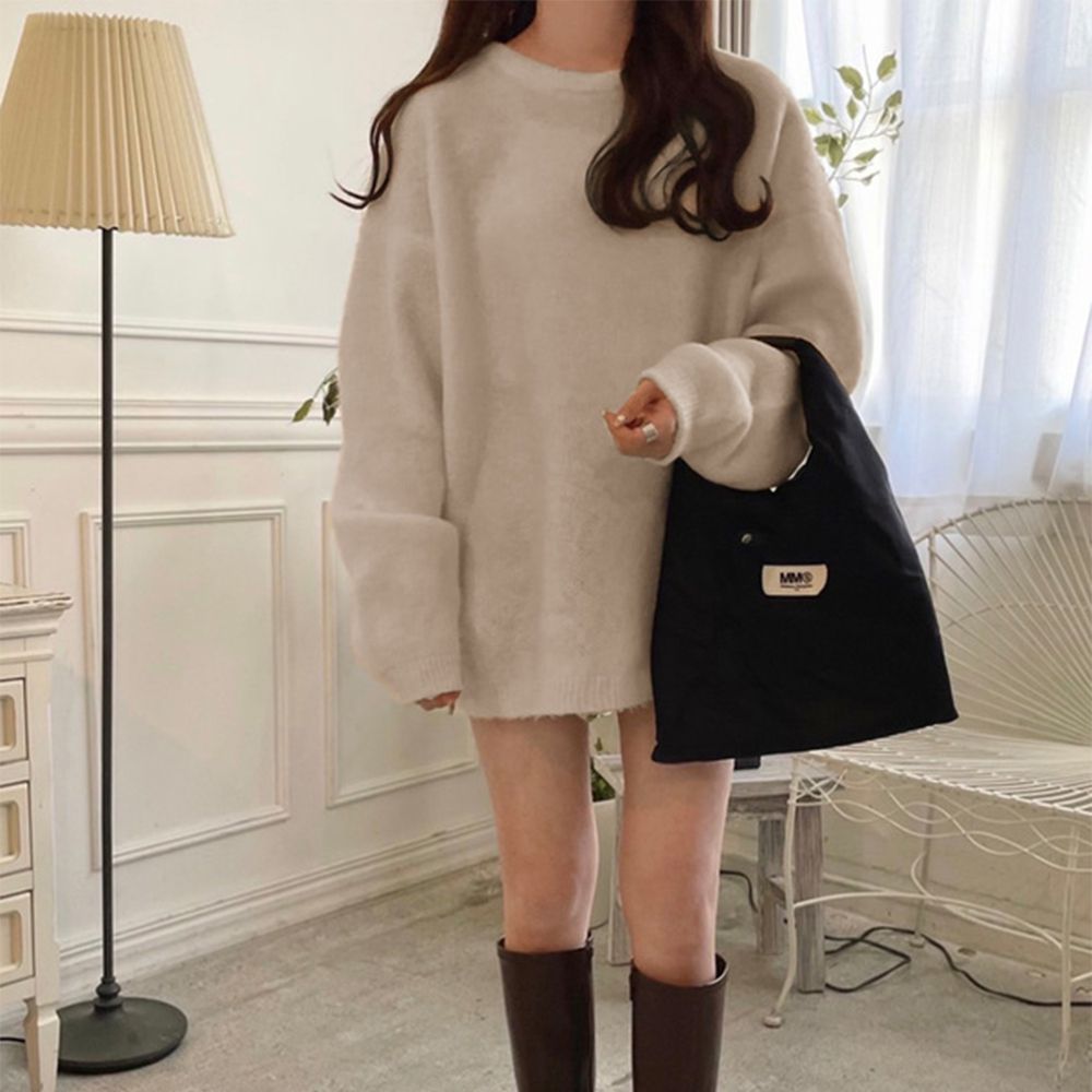 男友風寬鬆長版針織毛衣-淺米 (F)