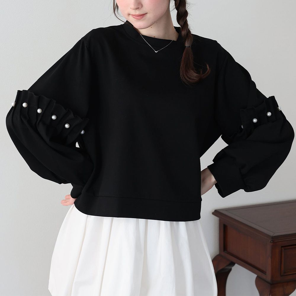 可愛珍珠皺摺造型寬版長袖上衣-黑