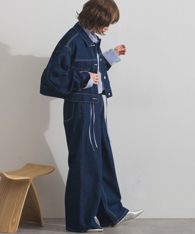 日本 ELENCARE DUE - 10oz 立體摺線後腰鬆緊牛仔褲-海軍藍