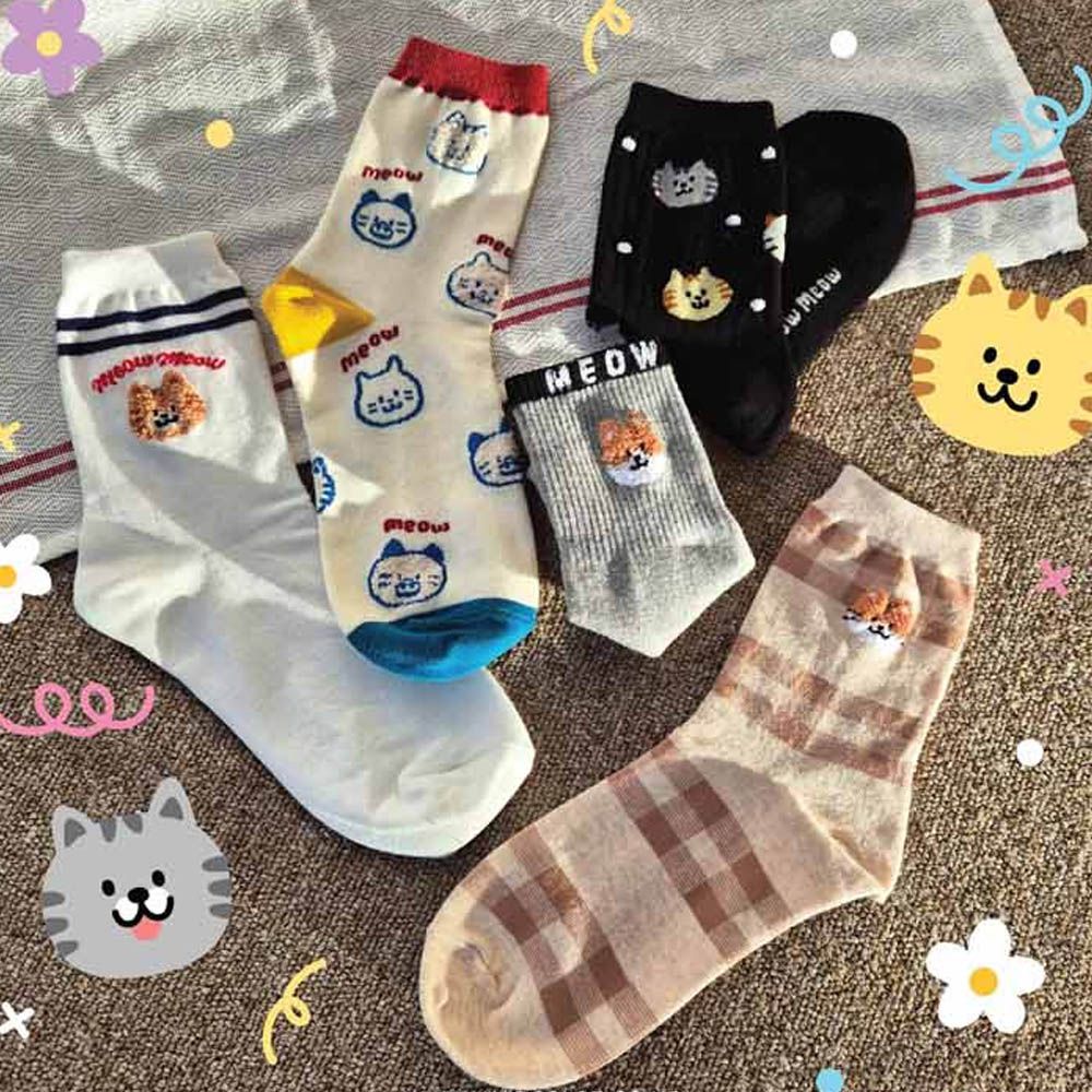 韓製動物毛巾繡彈性中筒襪-貓咪 (23-25cm)-5雙,全花色各1