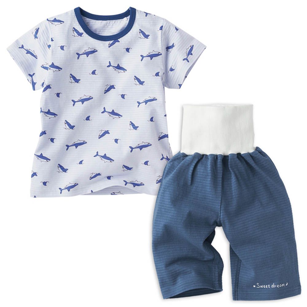 短袖家居服-附肚圍 鯊魚-深藍色